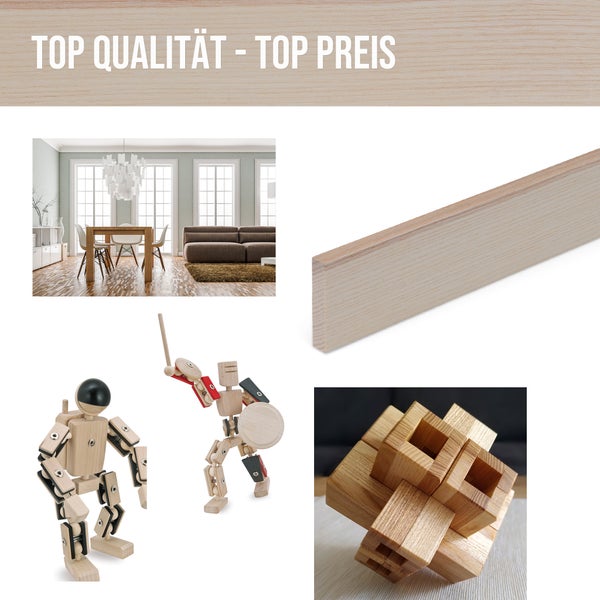 Collage mit Möbeln, Holzleiste, Holzfiguren und Holzpuzzle