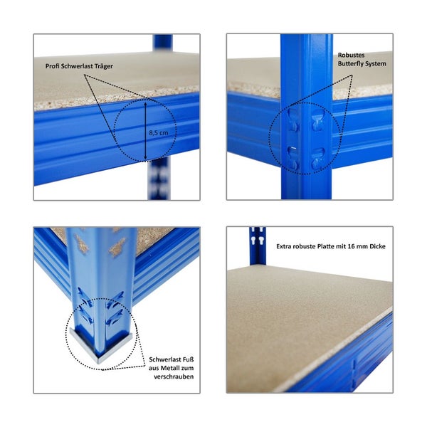 PROREGAL Mega Deal 4x Profi Schwerlastregal Rhino HxBxT 180 x 160 x 60 cm 4 Spanplatten-Ebenen 16mm Fachlast 500 kg Blau
