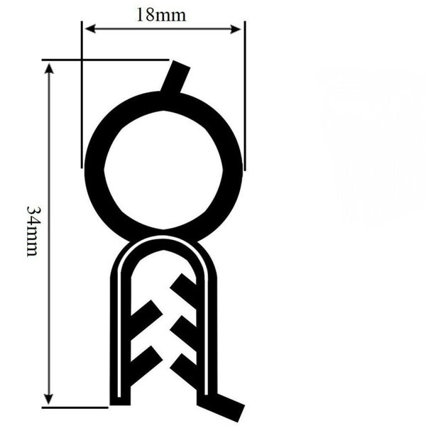 Querschnittsprofil einer Gummidichtung mit den Maßen 34 Millimeter Höhe und 18 Millimeter Breite.