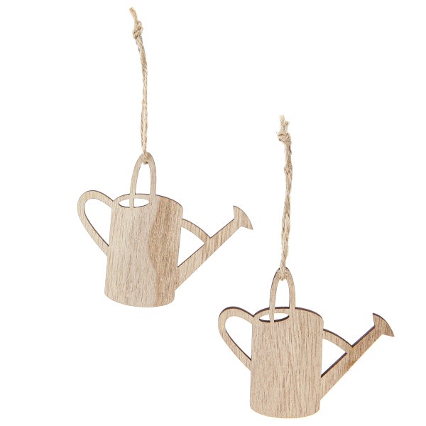 Zwei hölzerne Gießkannenhänger mit Kordel