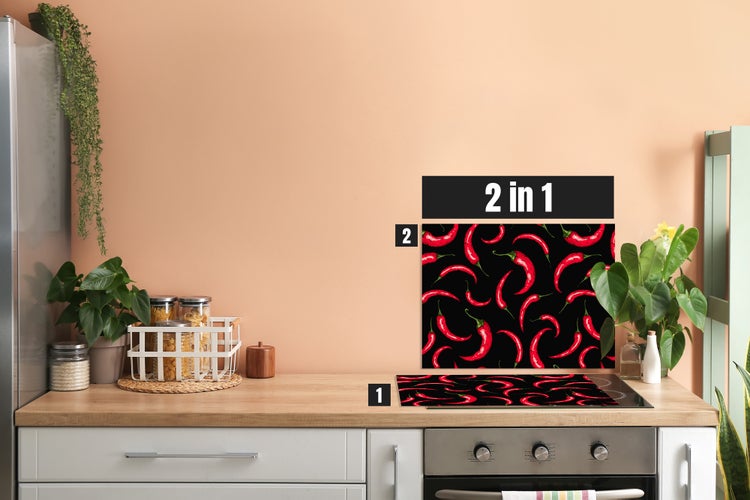 Herdblende-/Abdeckplatte Abdeckplatte Herd - Acrylglas Chillis Rot Schwarz | Spritzschutz | Küchenrückwand | Lokal produziert Camping | COV00056 | 80cm x 52cm x 0.4cm