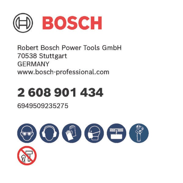 Bosch Logo mit Firmeninformationen, Artikelnummern und Sicherheitshinweisen