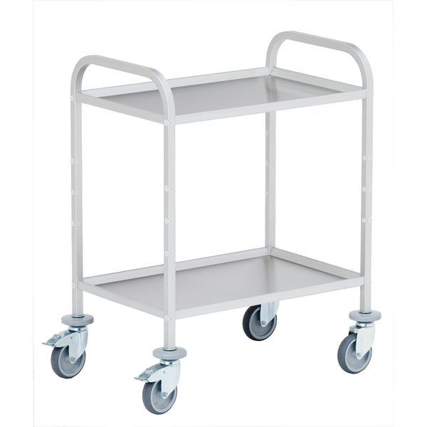 Etagenwagen aus Edelstahl mit zwei Ablageflächen, vier Lenkrollen und zwei Schiebegriffen.