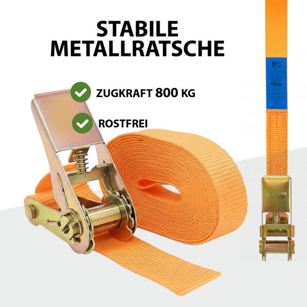 Spanngurt mit stabiler Metallratsche und einer Zugkraft von 800 Kilogramm, rostfrei