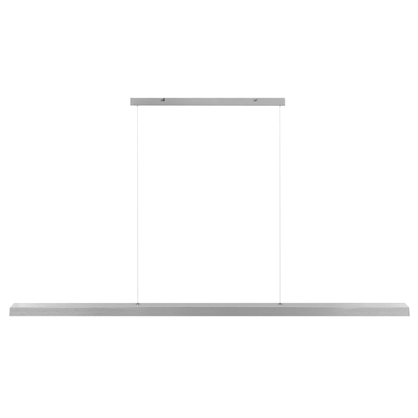 Moderne, längliche LED Pendelleuchte aus Metall in gebürsteter Optik, höhenverstellbar.