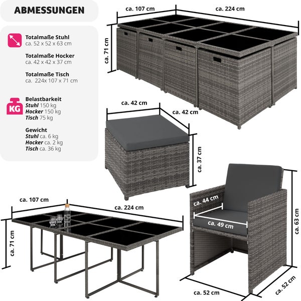 Rattan Sitzgruppe tectake New Orleans 2 Bezugssets, zusammenschiebbar, inklusive Schutzhülle mit Aluminiumgestell grau