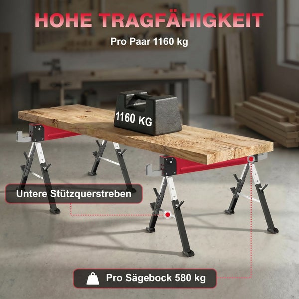 Zwei Sägeböcke tragen ein Holzbrett mit 1160 Kilogramm Gewicht. Hohe Tragfähigkeit von 580 Kilogramm pro Bock dank unterer Stützquerstreben.