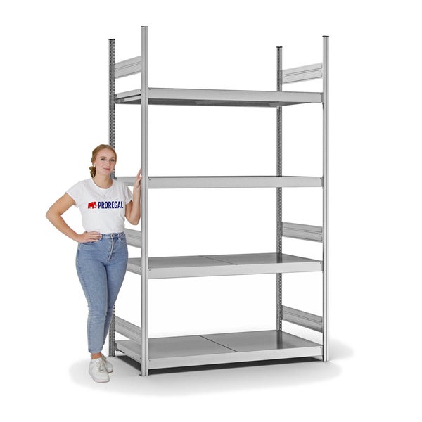 PROREGAL Weitspannregal Stecksystem T-Profil Grundregal HxBxT 250x150x60 cm 4 Ebenen Stahlplatten Fachboden Fachlast 350 kg Verzinkt