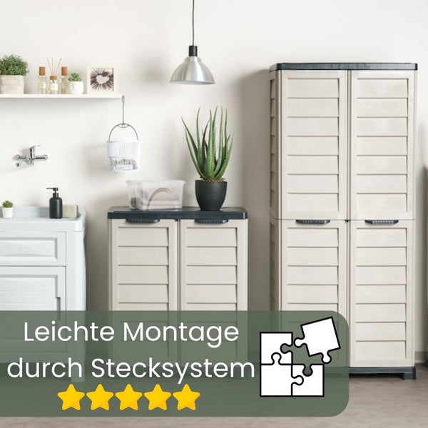 Kunststoffschrank mit Regalböden und Türen im Innenraum.