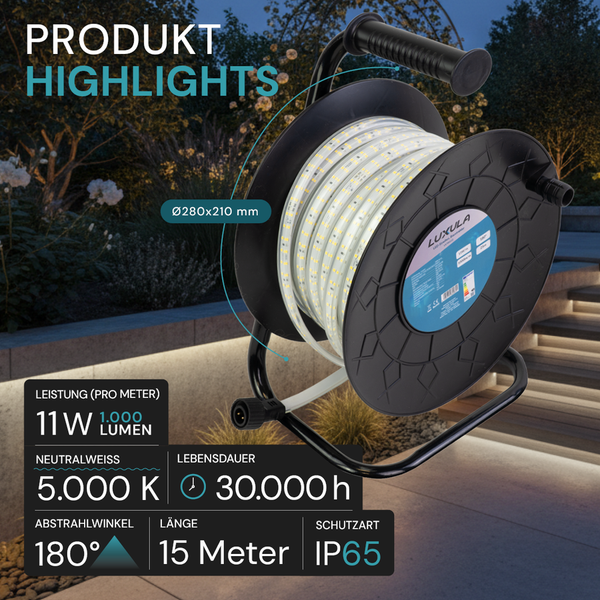 Luxula LED-Streifen auf Kabeltrommel, 15 Meter, neutralweiß, 5000 Kelvin, IP65, 11 Watt und 1000 Lumen pro Meter, Abstrahlwinkel 180 Grad.