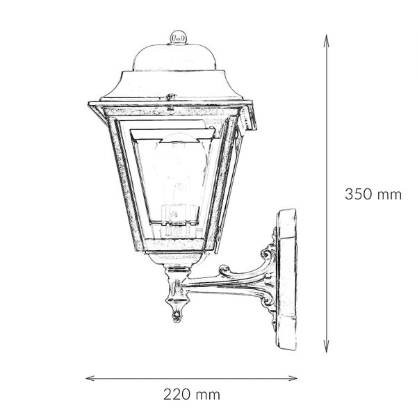 Technische Zeichnung einer Außenwandleuchte mit Abmessungen 350 mm Höhe und 220 mm Breite.