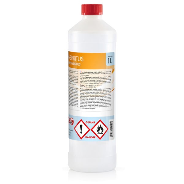 Etikett einer Flasche Brennspiritus von Höfer Chemie mit Gefahrenhinweisen und Anwendungsbereichen