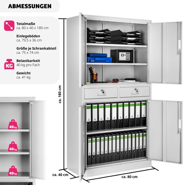 Aktenschrank tectake  180 x 80 x 40 cm aus pulverbeschichtetem Stahl hellgrau