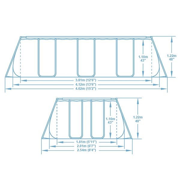 Maßzeichnung für einen rechteckigen Pool in zwei Größen mit Angaben zu Länge, Breite und Höhe in Metern und Zoll.