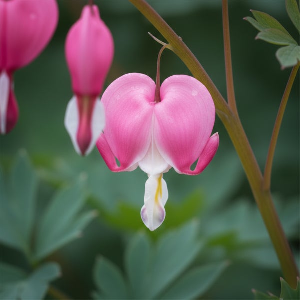 Nahaufnahme einer rosa-weißen Blüte des Tränenden Herzens an einem Stiel.