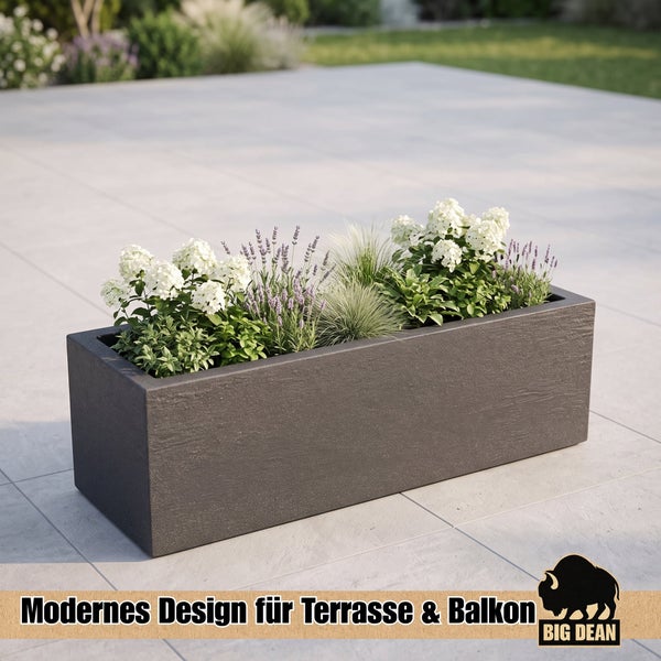 Rechteckiger Pflanzkübel für Terrasse und Balkon im modernen Design mit Blumenbepflanzung und Big Dean Logo.