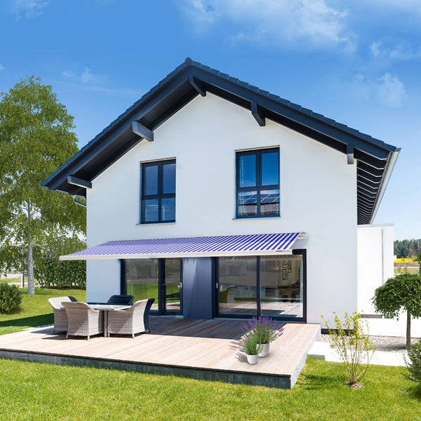 Home Deluxe - LED Vollkassettenmarkise ELOS - Marineblau - Weiß, 350 x 250 cm - inkl. Wind- und Sonnensensor, Fernbedienung, Handkurbel, Montagematerial I Terrassenüberdachung Sonnenschutz Windschutz