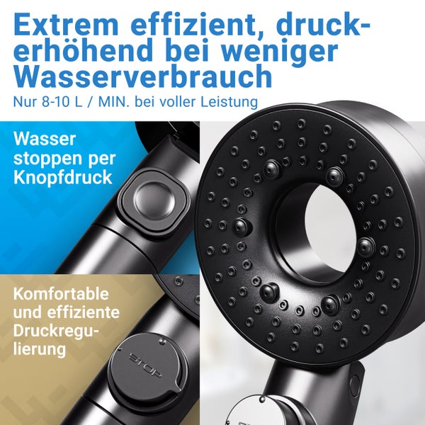 Handbrause mit wassersparender Funktion, Stopp-Taste und Druckregulierung, 8 bis 10 Liter pro Minute.