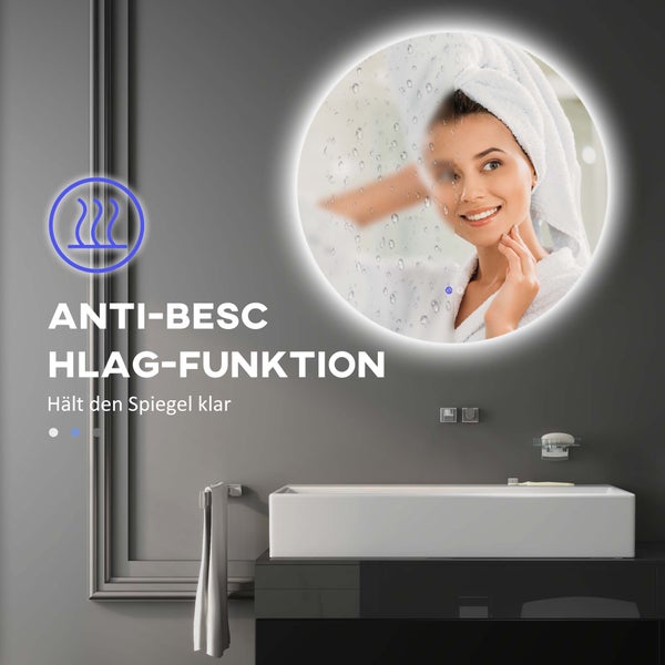 kleankin Badspiegel mit Beleuchtung, Wandspiegel mit 3 Lichtfarben, IP44 Lichtspiegel mit Touch-Schalter, Memory-Funktion, Badezimmerspiegel mit Anti-Beschlag, Ø60 x 3,5 cm