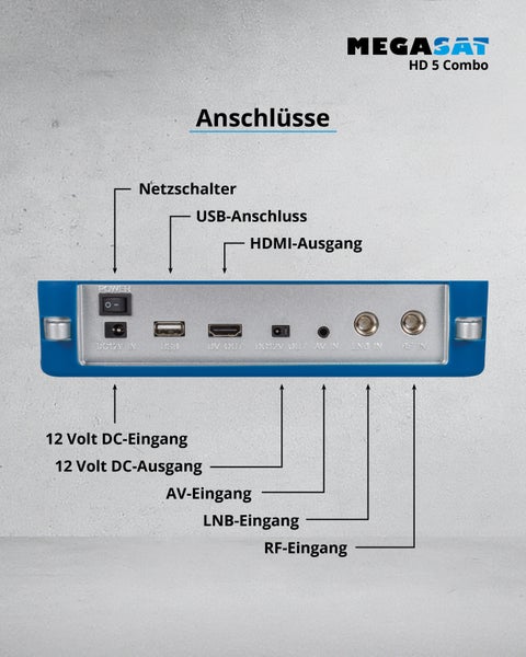 Megasat HD 5 Combo Produktbeschreibung mit Informationen zu Akku, USB Datenspeicherung und integrierter LED Leuchte.