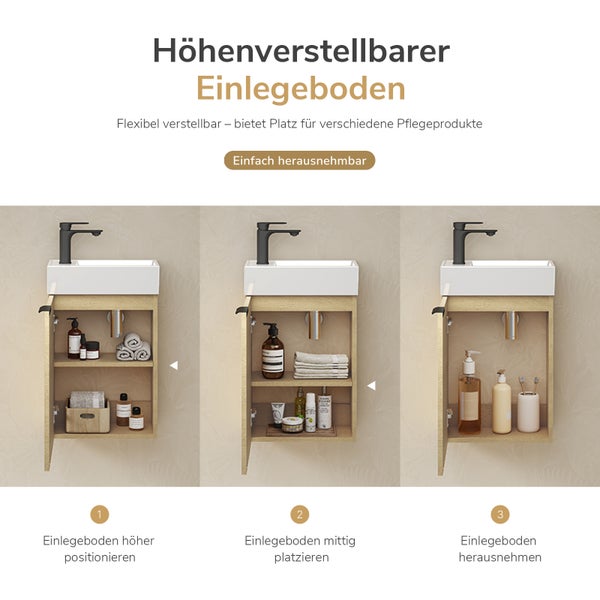 Höhenverstellbarer Einlegeboden für einen Waschbeckenunterschrank mit drei verschiedenen Positionierungsmöglichkeiten für Pflegeprodukte.
