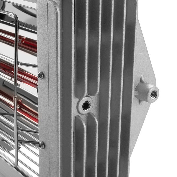 Detailansicht eines Infrarotstrahlers mit Heizröhren, Kühlrippen und Schutzgitter aus Metall.