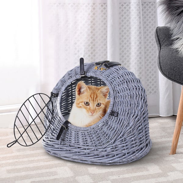 PawHut Transportkorb Transportbox für Katzen Hunde, Korbhöhle mit Gitter,Katzenhaus aus Weide, Katzenkorb, Weidekorb, Grau, 47 x 35 x 35 cm