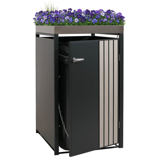 Mülltonnenbox mit Pflanzkasten und Tür geöffnet