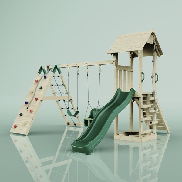 Spielturm mit Schaukel, Rutsche und Kletterwand für den Garten