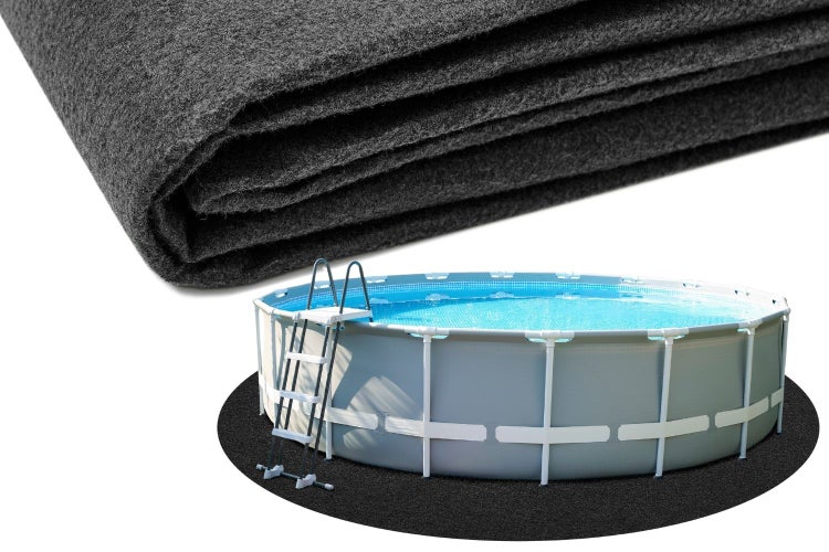 Poolvlies Bodenschutzvlies für Aufstellpools, Nahaufnahme und Anwendungsbeispiel unter einem runden Pool.