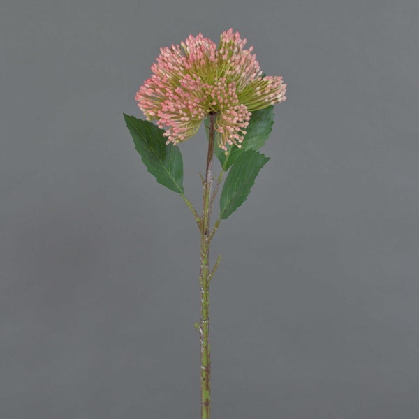 Künstlicher Blumenstiel mit grünen Blättern und einem Cluster aus kleinen rosafarbenen Knospen.