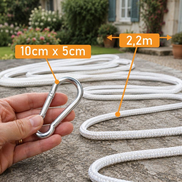 Weißes geflochtenes Seil mit Metallkarabiner. Seillänge circa 2,2 Meter, Karabiner circa 10 Zentimeter mal 5 Zentimeter.