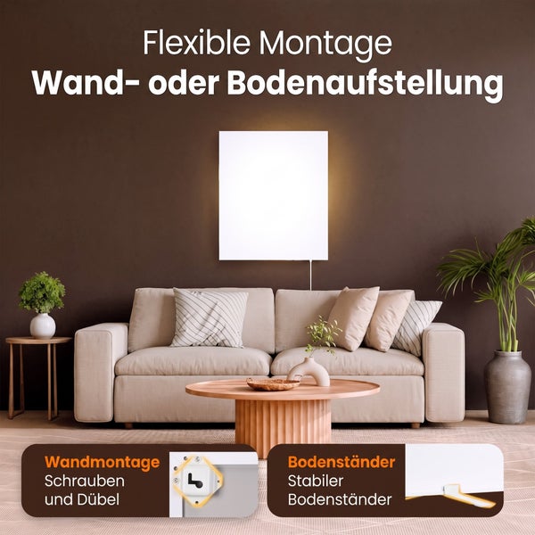 Infrarotheizung mit flexiblen Montageoptionen fuer Wandmontage oder Bodenaufstellung in einem Wohnzimmer mit Sofa und Dekoration.