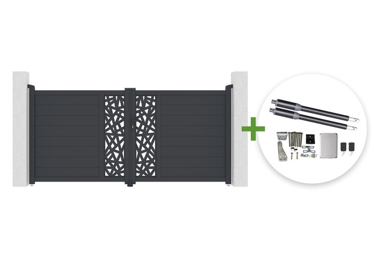Zweiflügeliges Einfahrtstor aus Aluminium mit dekorativem Gitterdesign inklusive elektrischem Torantrieb-Set und Montagematerial.