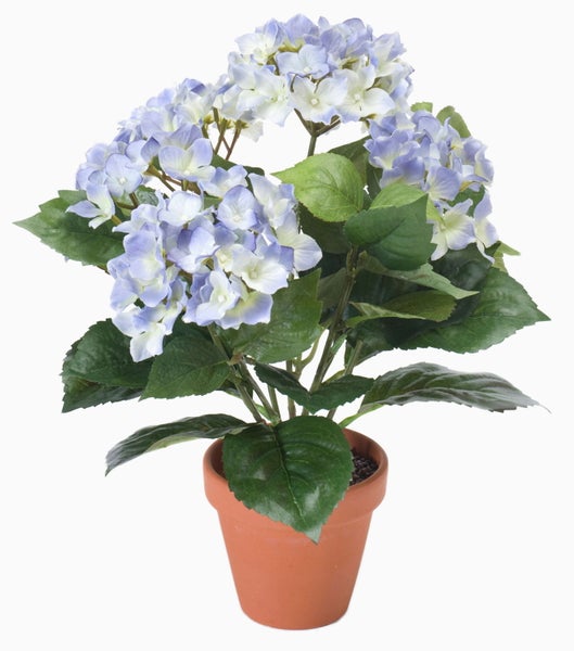 Künstliche Hortensie im Tontopf mit blauen und weißen Blüten und grünen Blättern.