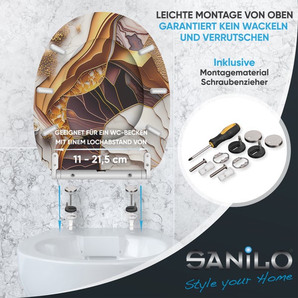 Sanilo WC Sitz mit Marmor Muster und verstellbarer Befestigung von oben inklusive Montagematerial und Schraubendreher für Toilettenbecken