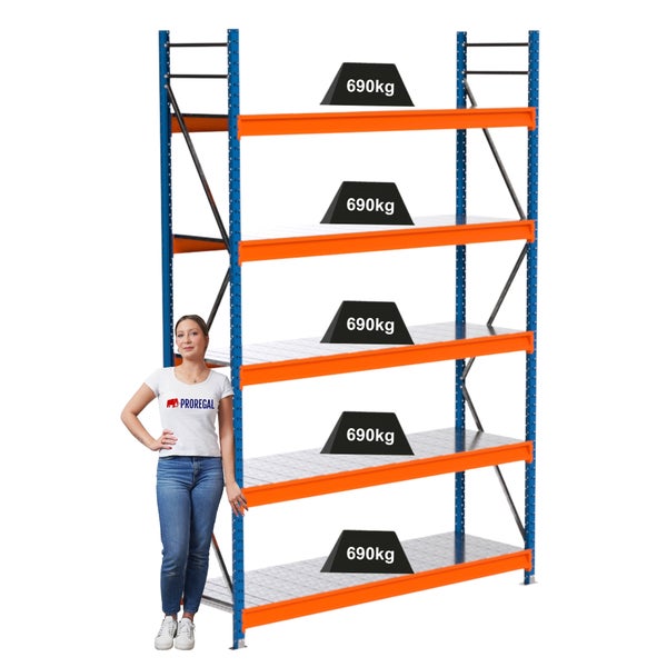Metallregal mit fünf Regalebenen und einer Traglast von 690 Kilogramm pro Ebene