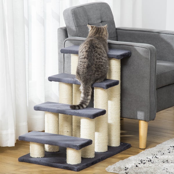 PawHut Tiertreppe Katzentreppe Hundetreppe 4 Stufen Treppe für Katze und Hunde Plüsch Grau 60 x 40,5 x 59 cm