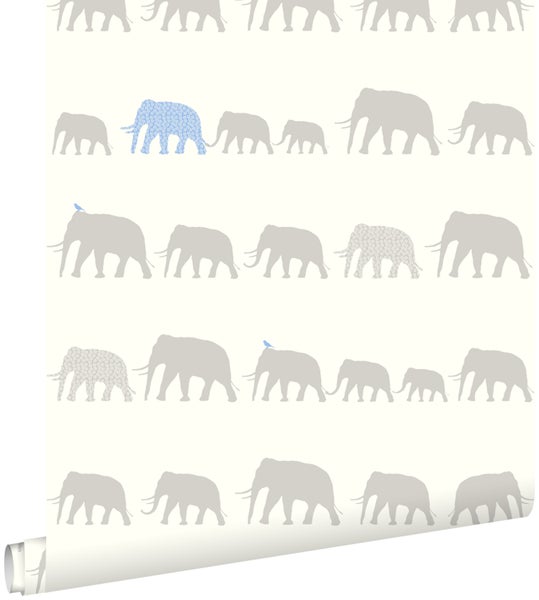 ESTAhome Tapete Elefanten Silber und Hellblau - 53 cm x 10,05 m - 137331