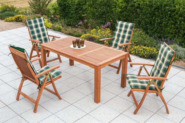 Comodoro Set 9tlg., 4 Klappsessel, 4 Wendekissen grün kariert/uni, Tisch 170 x 90 cm