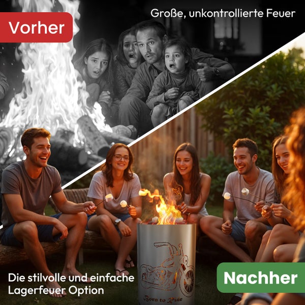 Vergleichsbild: Vorher großes unkontrolliertes Feuer, Nachher stilvolle Lagerfeuer Option mit Feuerkorb und Menschen beim Marshmallow rösten