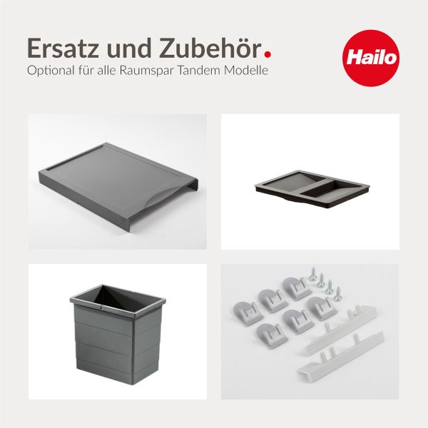 Ausziehbares Abfalltrennsystem mit zwei schwarzen Eimern auf Teleskopschienen, inklusive Deckel und grauem Metallgestell.