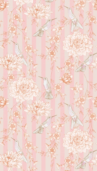 Tapete mit Blumen und Kolibris auf gestreiftem Grund