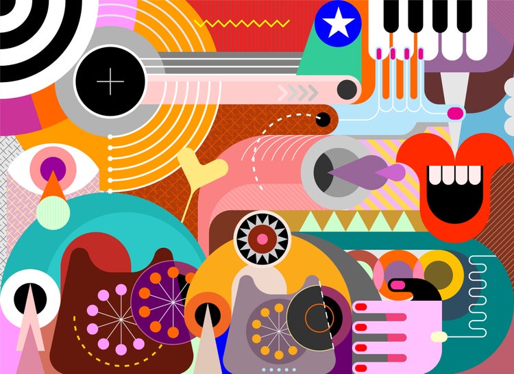 Abstrakte Wanddekoration im Pop-Art-Stil mit geometrischen Formen, leuchtenden Farben und Motiven wie Klaviertasten, Auge und Mund.