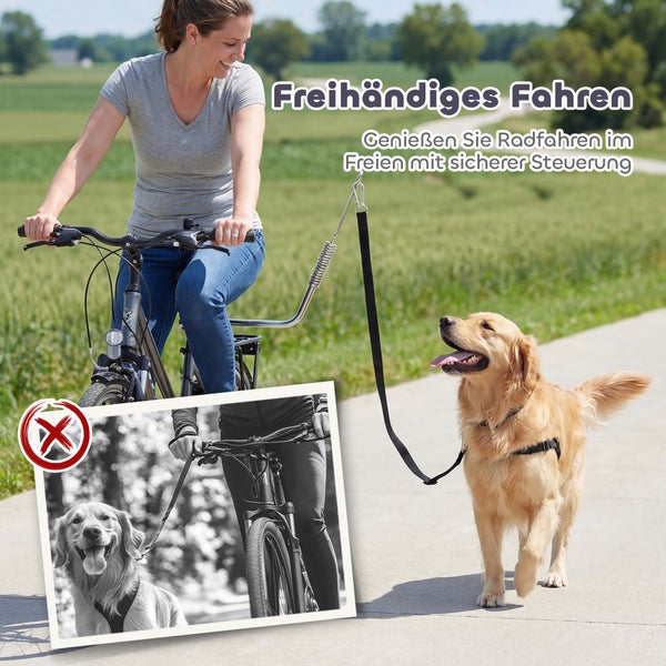 Frau fährt Fahrrad mit Hund an einer freihändigen Leine. Ein zweites Bild zeigt die unsichere Art, die Leine beim Fahren in der Hand zu halten.