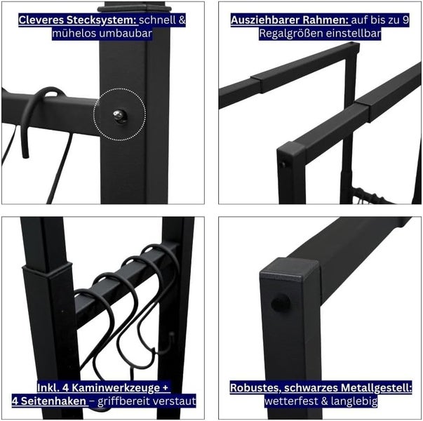 Detailansichten des schwarzen Metallgestells für Kaminholzregale mit Stecksystem, ausziehbarem Rahmen und Seitenhaken