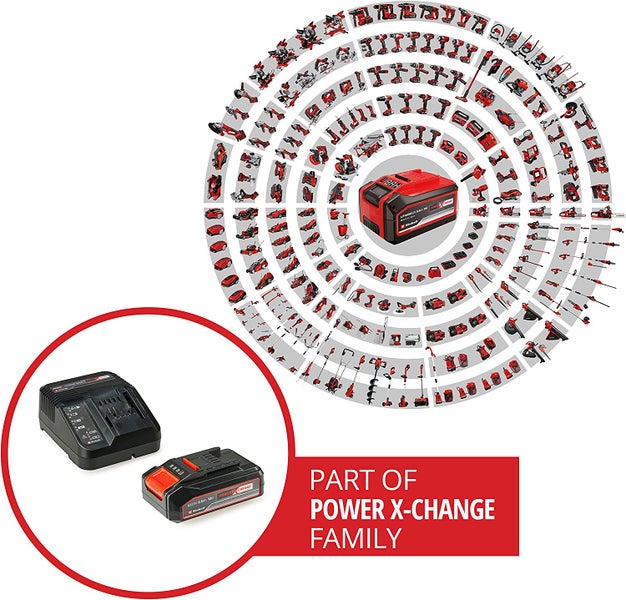 Einhell Power X-Change Systemdarstellung mit Akku, Ladegerät und einer Übersicht zahlreicher kompatibler Werkzeuge und Gartengeräte.