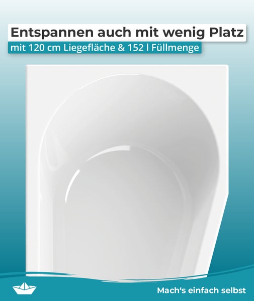 Weiße Badewanne mit 120 Zentimeter Liegefläche und 152 Liter Füllmenge. Hornbach Logo.