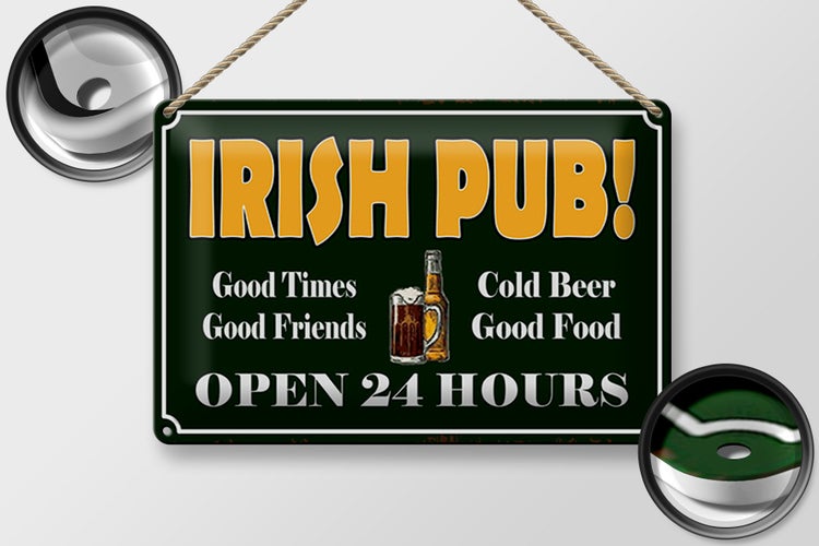 Blechschild Spruch 30x20cm Irish Pub gold Beer open 24