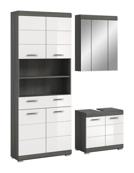 Dreiteiliges Badezimmermöbel-Set bestehend aus Hochschrank, Spiegelschrank und Waschbeckenunterschrank mit grauem Korpus und weißen Fronten.